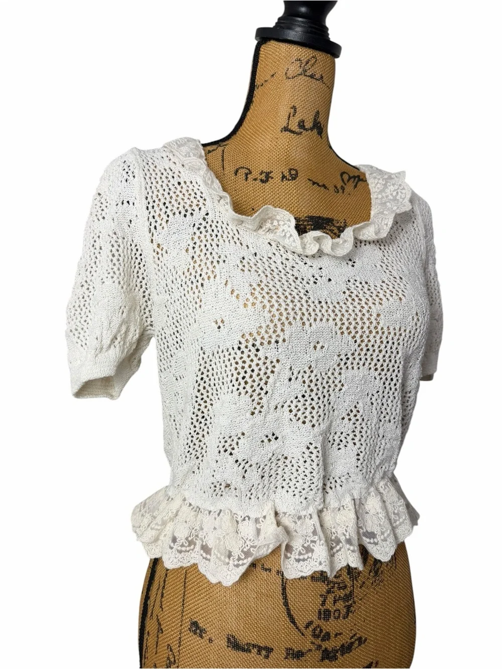 Zara Cream Open Knit Lace Ruffle Peplum Top Large Cottagecore Boho